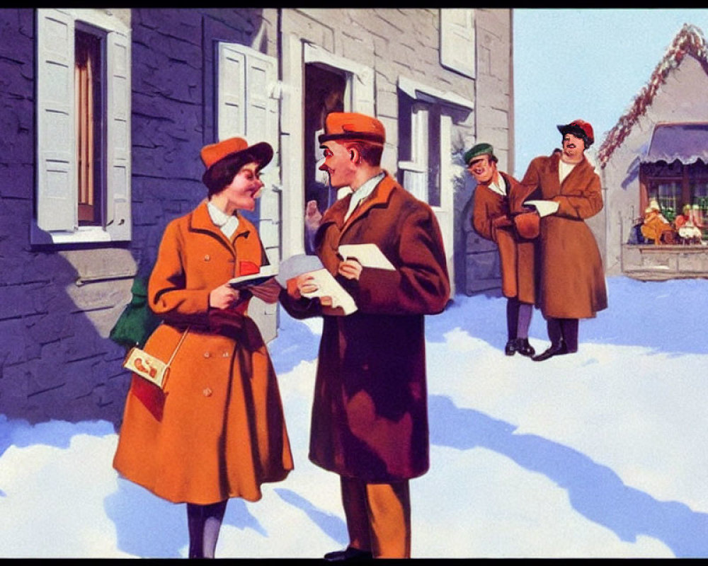 Postal workers in orange and brown uniforms chatting outside a house in winter.