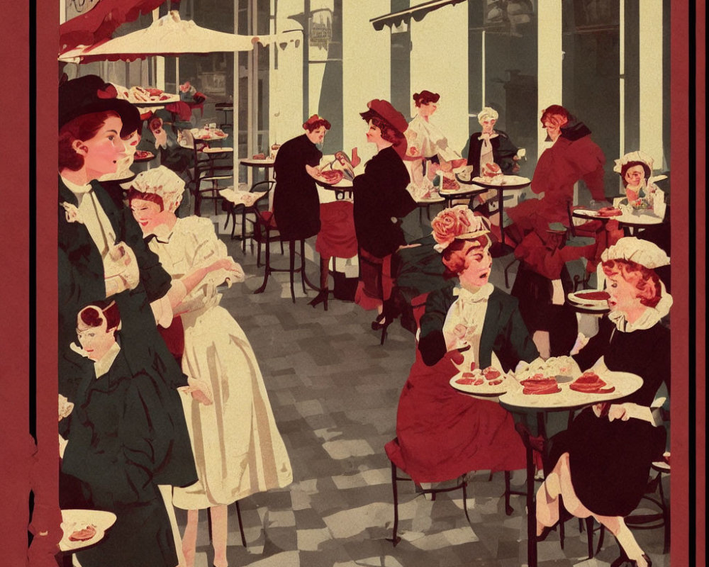 Illustration of Elegant Early 20th-Century Street Cafe