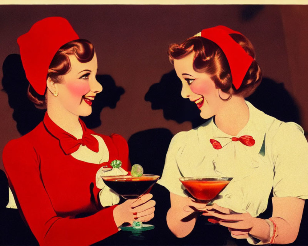 Two women in vintage attire with red hats and bows, smiling and holding martini glasses