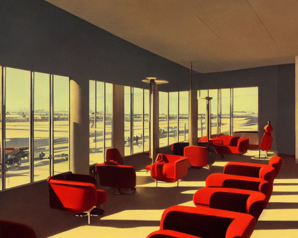 Vintage Airport Lounge with Red Chairs and Tarmac View