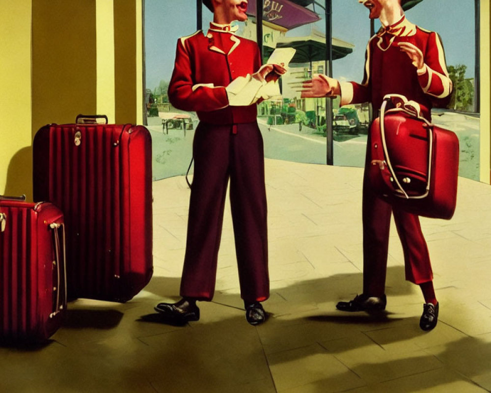 Red Uniform Bellhops Exchanging Notes by Stacked Luggage in Classic Hotel