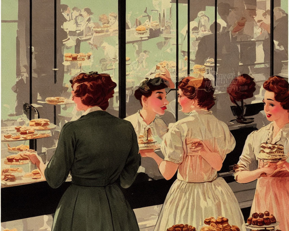 Vintage Illustration of Bustling Patisserie with Elegantly Dressed Women and Pastries