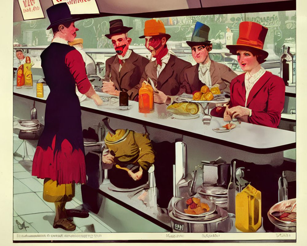 Vintage Illustration of Five People at Bar with Bartender and Food