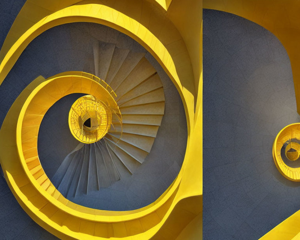 Spiral Staircase with Yellow Balustrades on Dark Walls