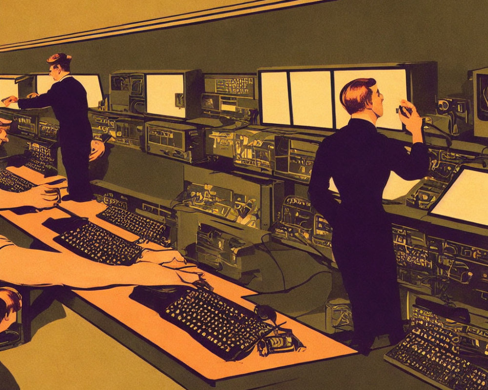 Vintage-style illustration of people working with early computers and electronic equipment