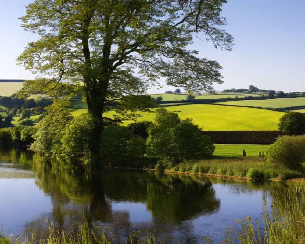 Tranquil landscape with tree by calm pond and lush green fields