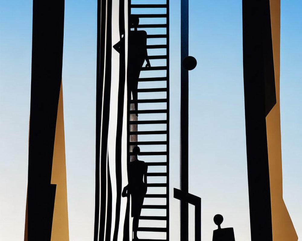 Silhouette figures climbing ladder in abstract art against blue sky