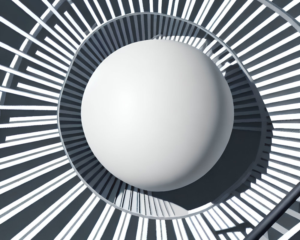 Circular black and white geometric pattern with white sphere centered - top-down view