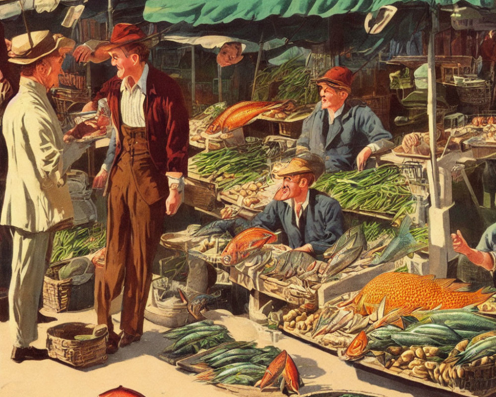 Vintage Fish Market Scene with Vendors and Customers