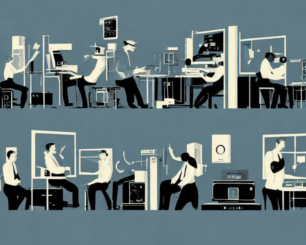 Diverse office cubicle illustrations with work and music themes