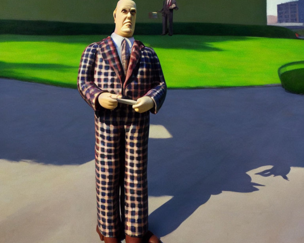 Man in Plaid Suit Standing in Shadow with Urban Structures and Figure in Background