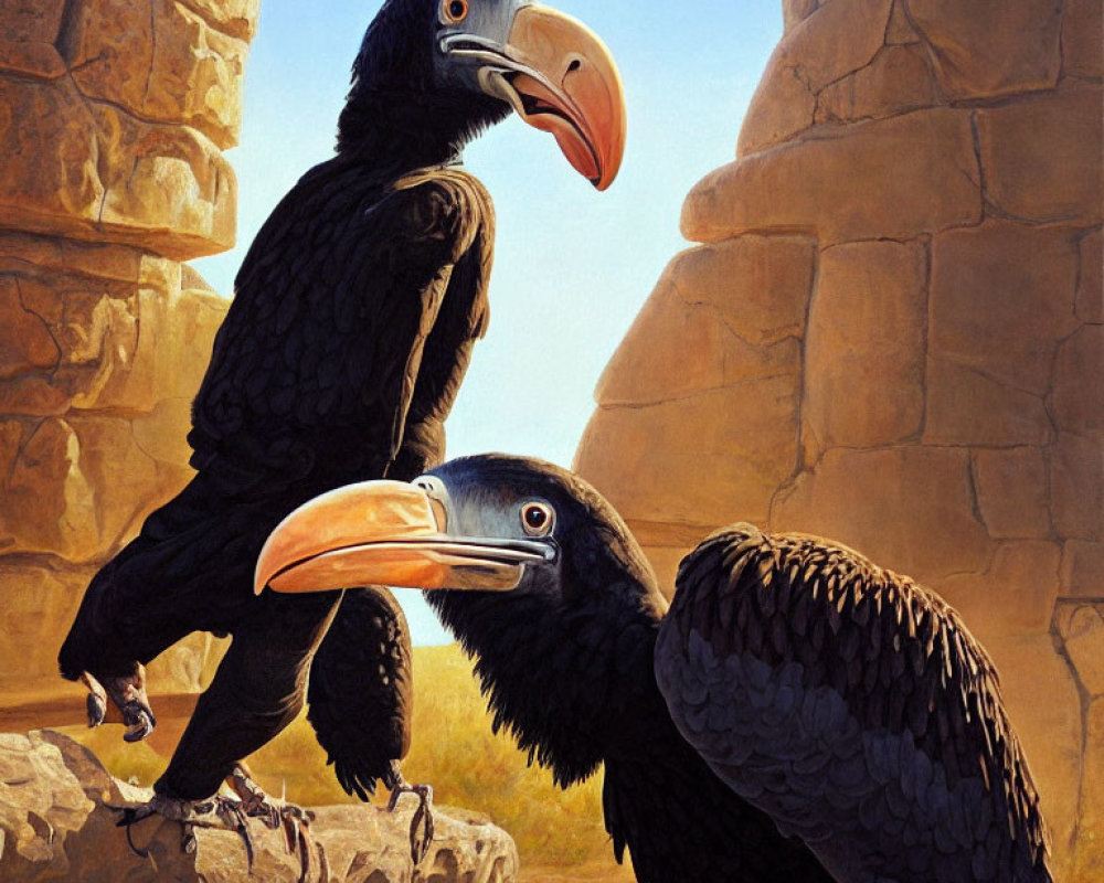 Black Hornbills Perched on Rocks with Warm Stone Walls and Clear Sky