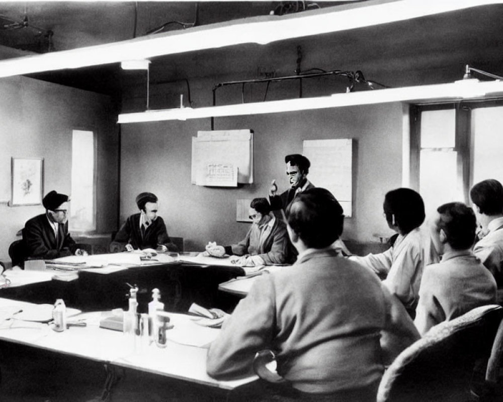 Monochrome image of individuals in meeting room, one standing and speaking