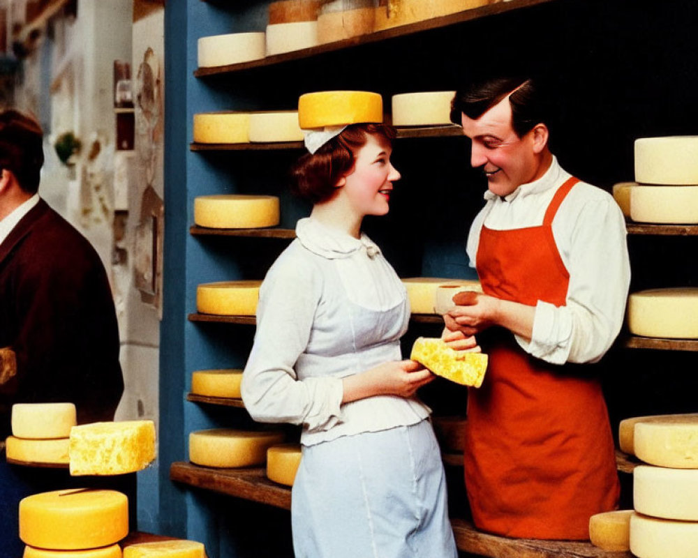 Vintage photo of smiling cheese shop clerk showing cheese to customer