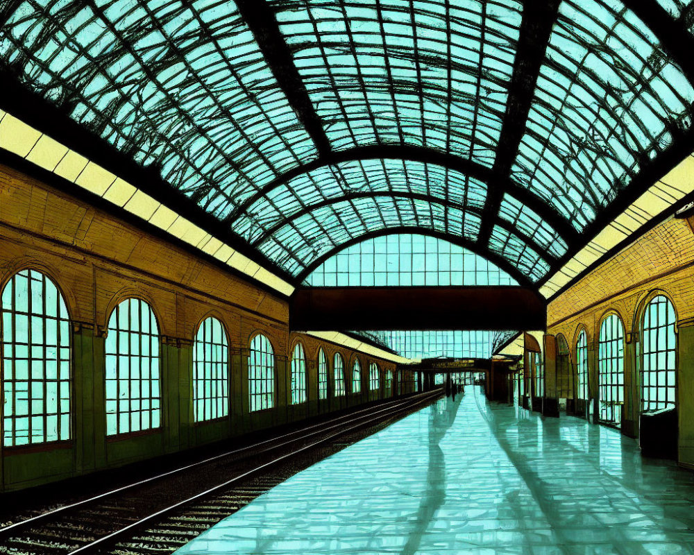 Symmetrical empty train station with large glass roof