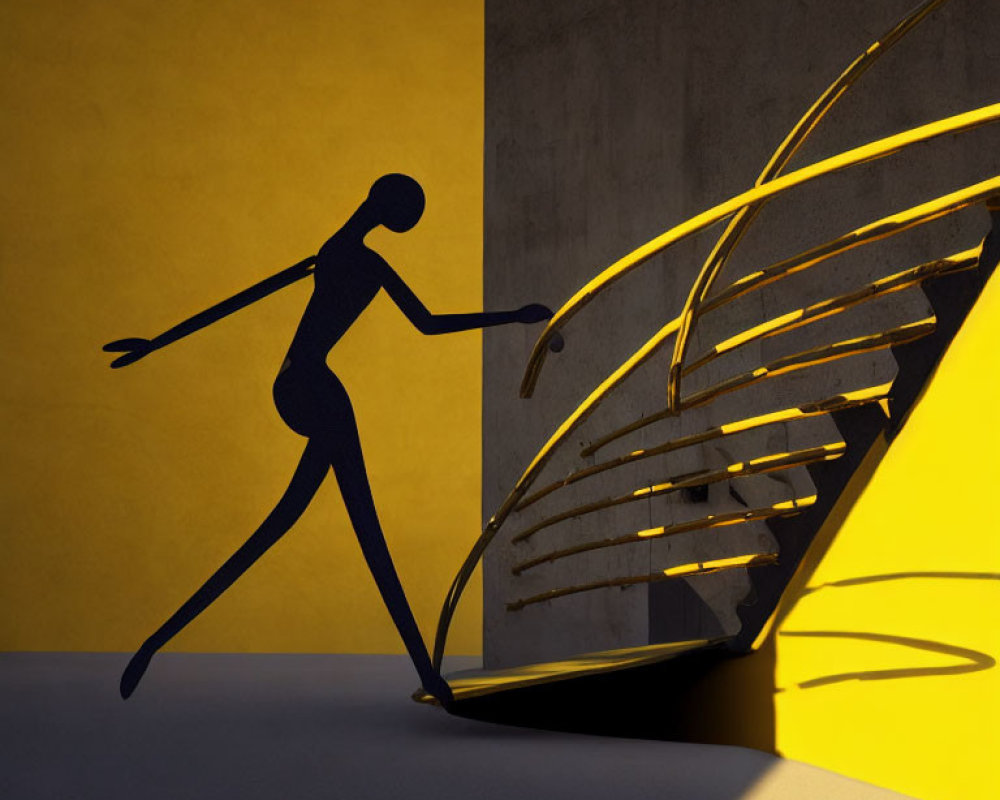 Silhouetted Figure Climbing Illuminated Staircase in Shadowy Environment