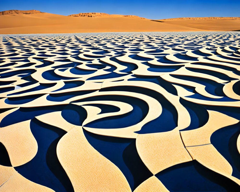 Monochrome swirling pattern over desert landscape with sand dunes
