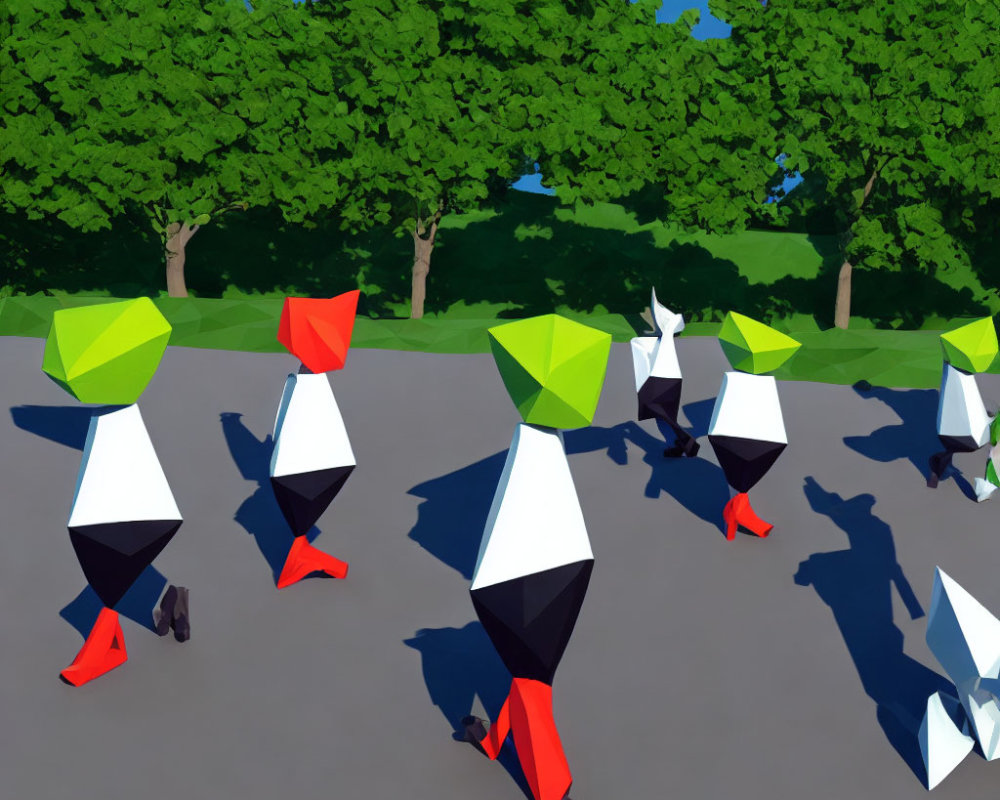 Group of stylized birds in low-poly style on pavement with green trees