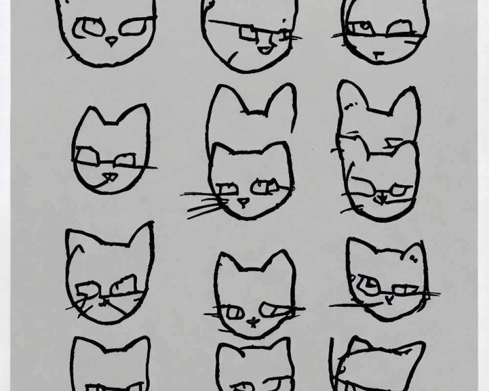 Collection of Cat Face Line Drawings with Expressions and Glasses on Plain Background