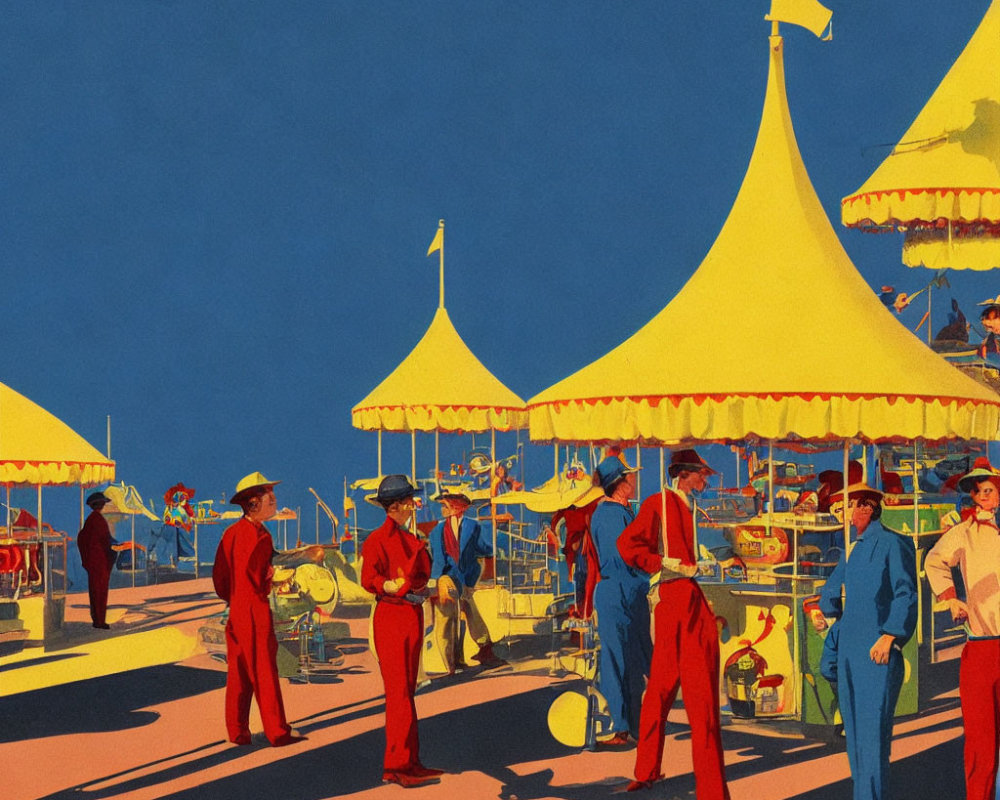 Vibrant circus scene with red and blue performers under yellow tents