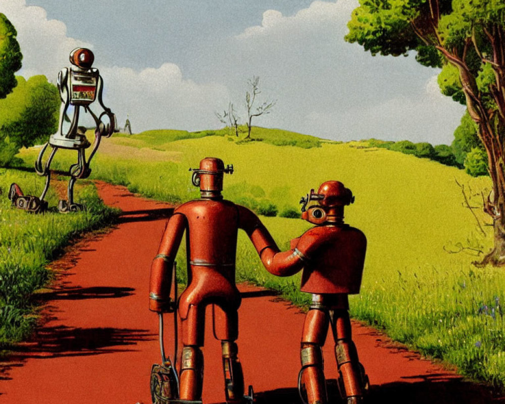 Retro-style robots walking in rural landscape