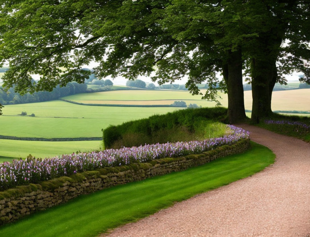 Scenic dirt path with stone walls and purple flowers through lush green fields