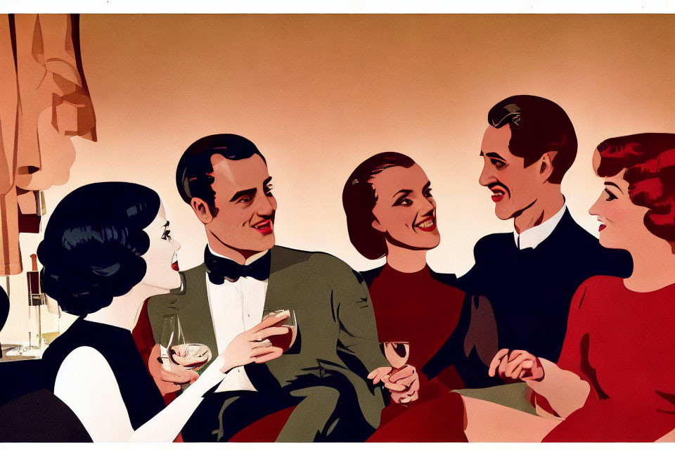 Vintage Illustration of Smiling Couples with Cocktail Glasses