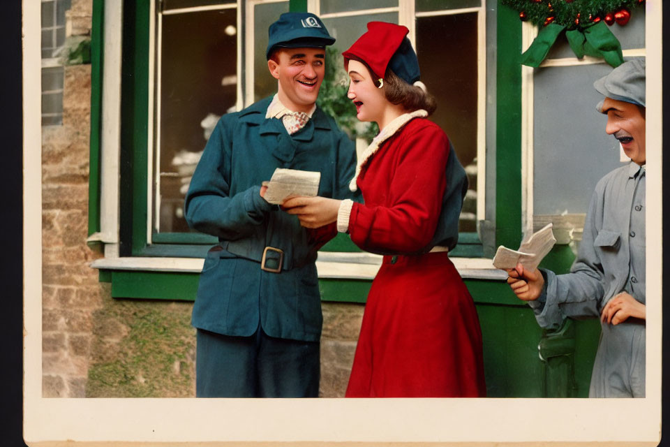 Vintage postal workers exchanging letters by Christmas window