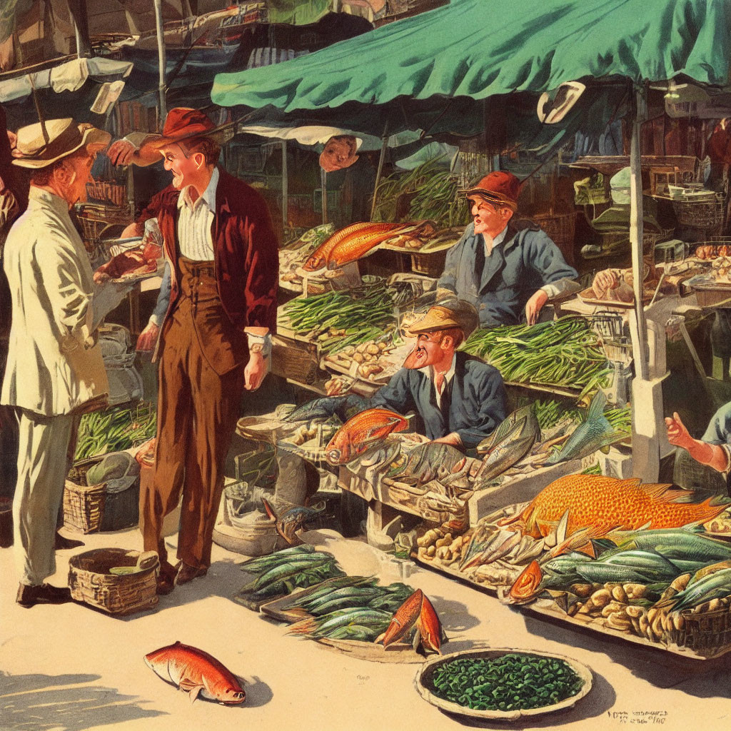 Vintage Fish Market Scene with Vendors and Customers