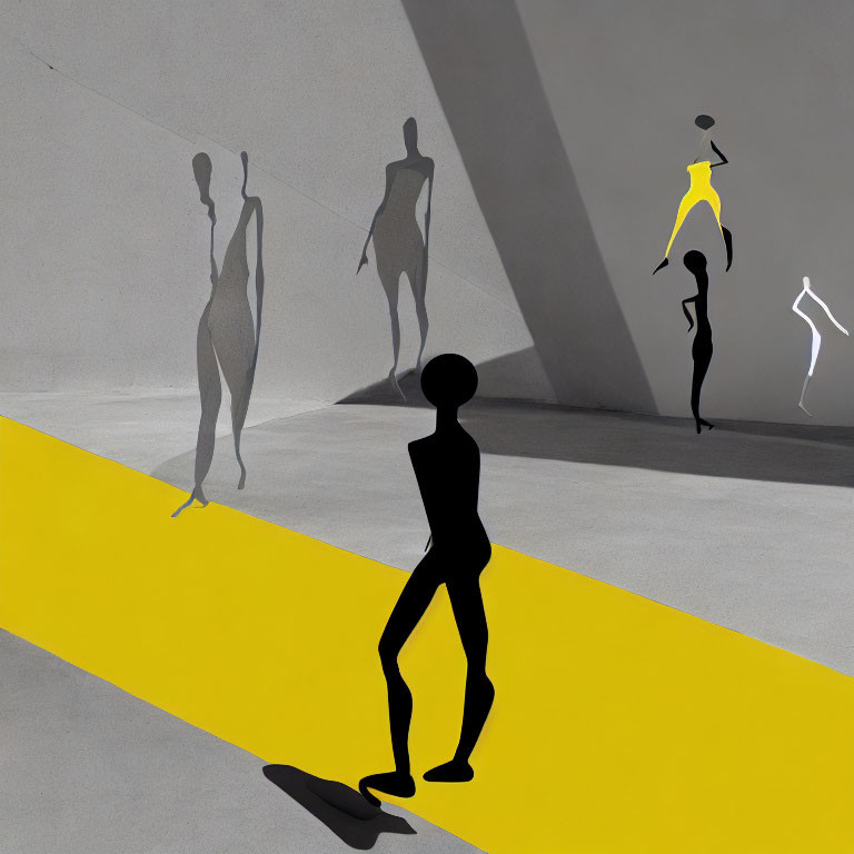 Silhouetted figures with exaggerated proportions and yellow highlights on a wall.