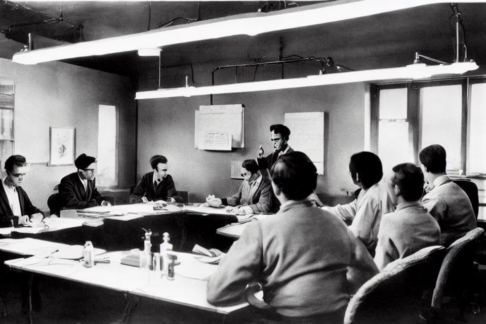 Monochrome image of individuals in meeting room, one standing and speaking