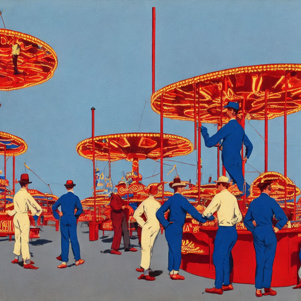 Vintage fairground workers in blue uniforms operating rides under bright lights against blue sky