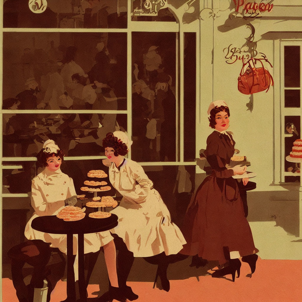 Vintage Attired Women at Bakery Enjoy Pastries