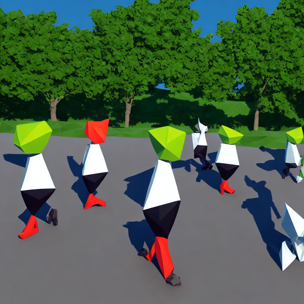 Group of stylized birds in low-poly style on pavement with green trees