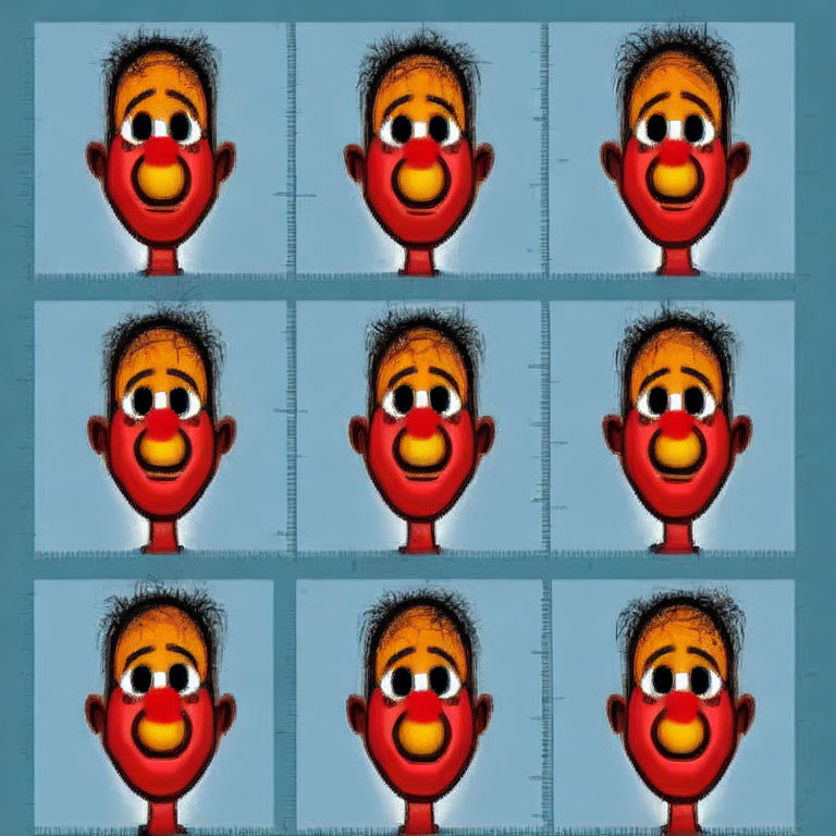Nine cartoon character images with red nose & mustache on blue background.