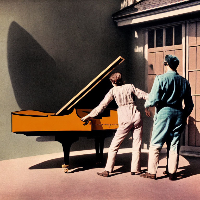 Vintage attired duo moves orange grand piano outdoors with shadow cast.