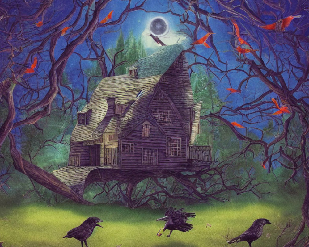 Spooky crooked house under full moon with twisted trees and red-eyed ravens