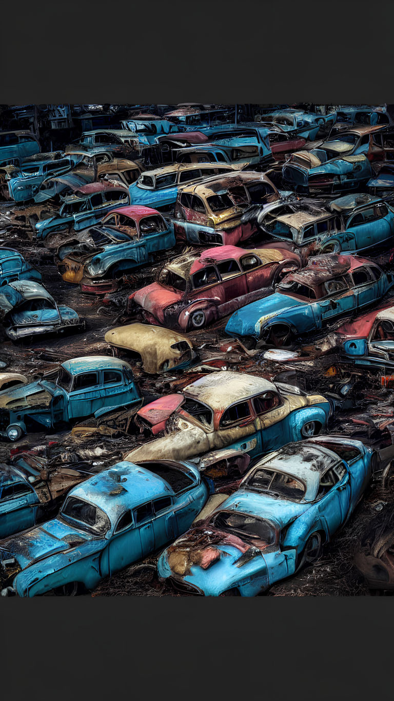 Rusting old cars in a densely packed junkyard