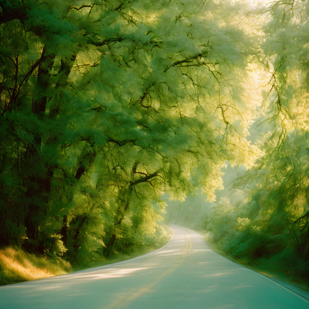 Sunlit winding road through lush green forest with piercing light rays