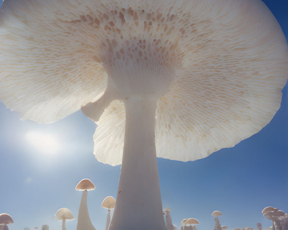 Enormous mushrooms under blue sky with light filtering through caps