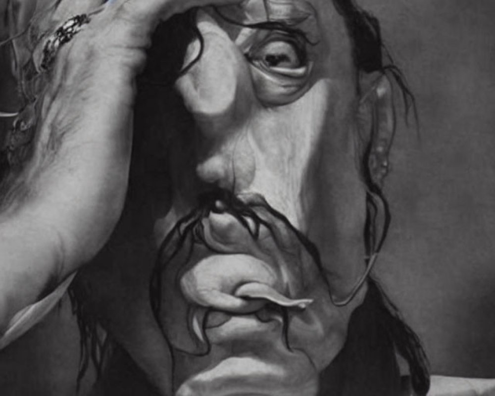 Surrealist black and white portrait with exaggerated features and face illusion