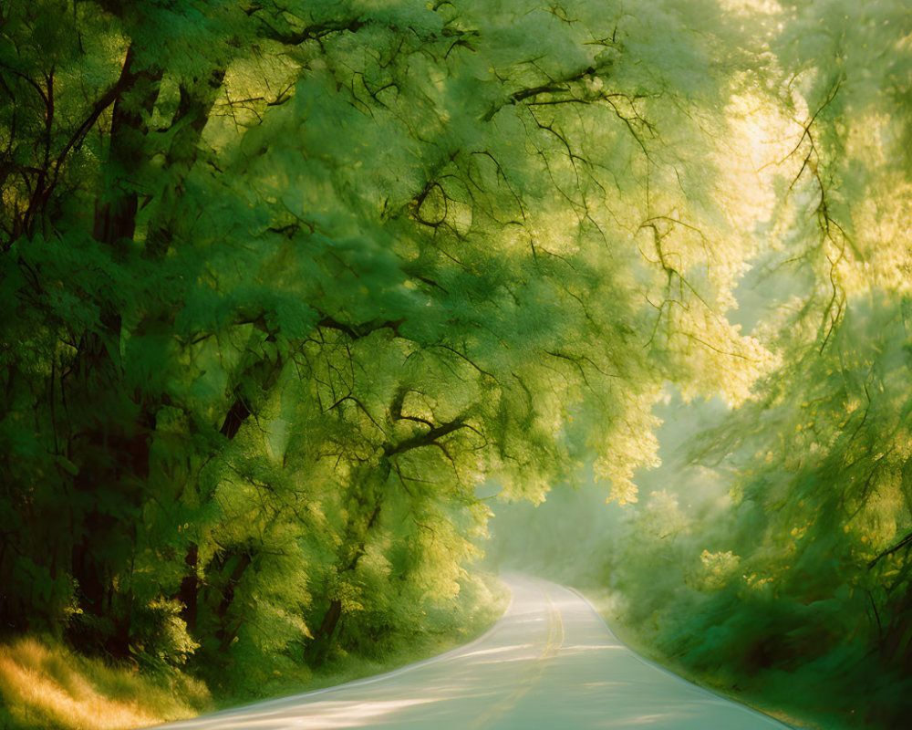 Sunlit winding road through lush green forest with piercing light rays
