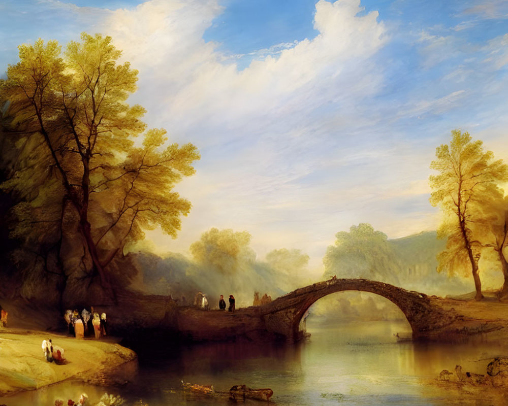 Scenic landscape painting: serene river, stone bridge, golden trees, figures by water