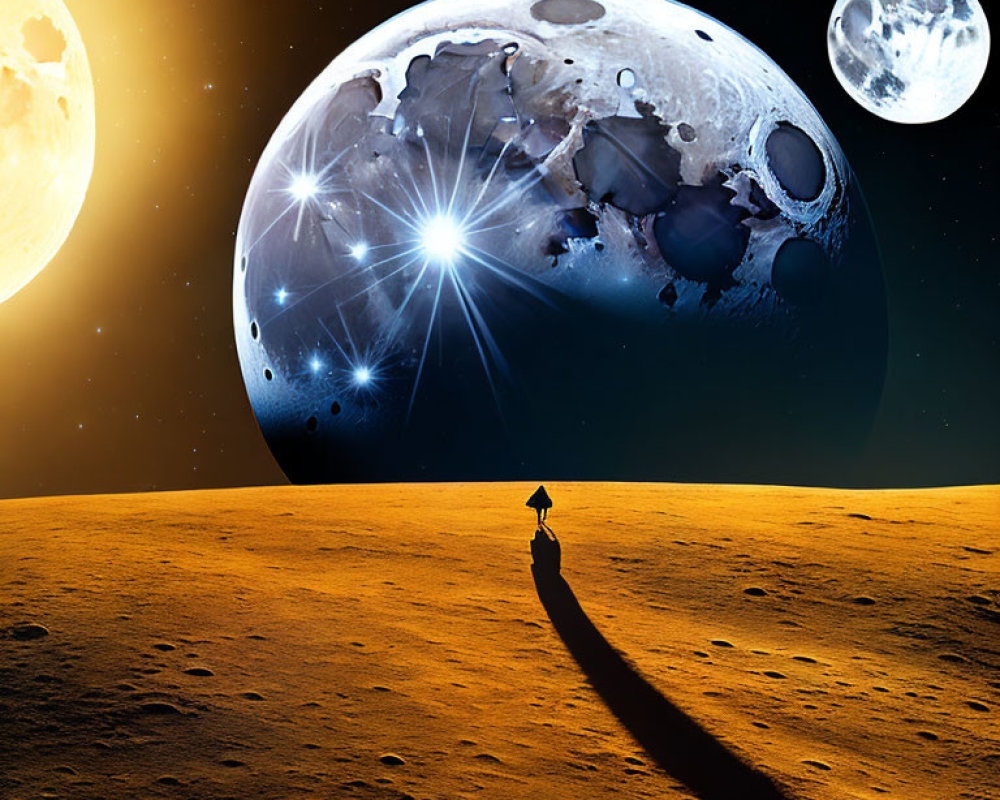 Solitary figure on barren lunar surface gazes at surreal Earth with multiple moons