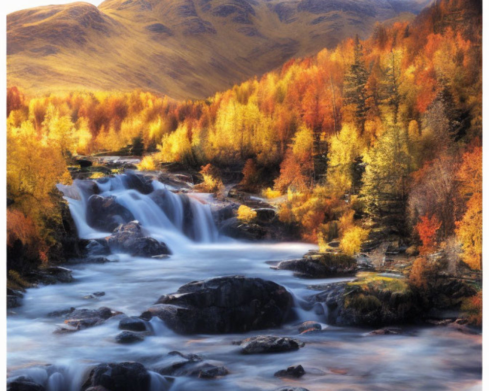 Tranquil autumn river scene with vibrant trees and mountain backdrop