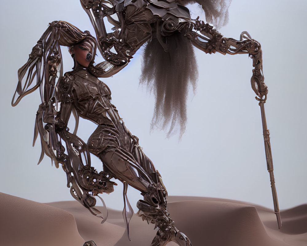 Futuristic female android in intricate metallic armor with staff and flower-like structure