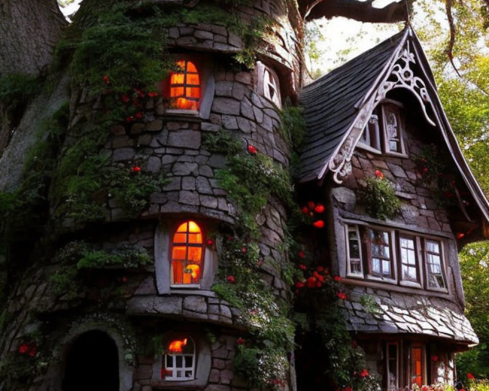Stone treehouse nestled in lush greenery with warm glowing windows and red flowers