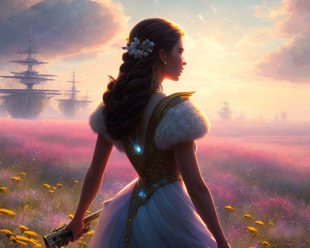 Historical woman with sword in pink flower field at sunset with floating ships