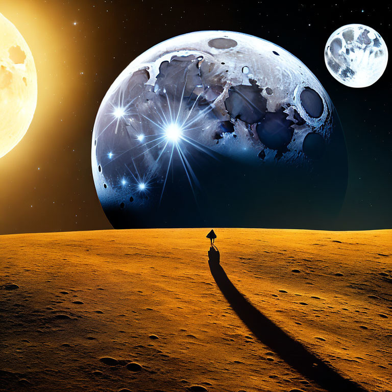 Solitary figure on barren lunar surface gazes at surreal Earth with multiple moons
