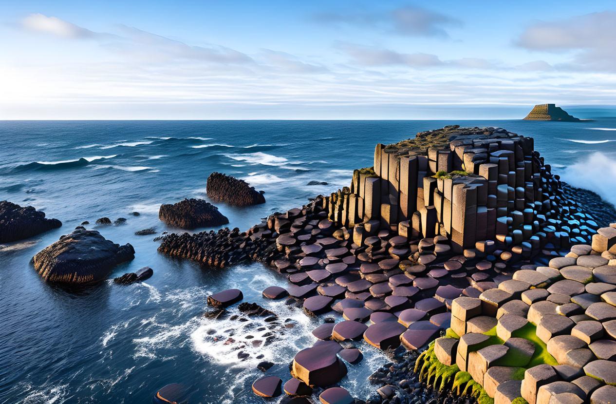 Scenic coastline with hexagonal basalt columns and crashing waves